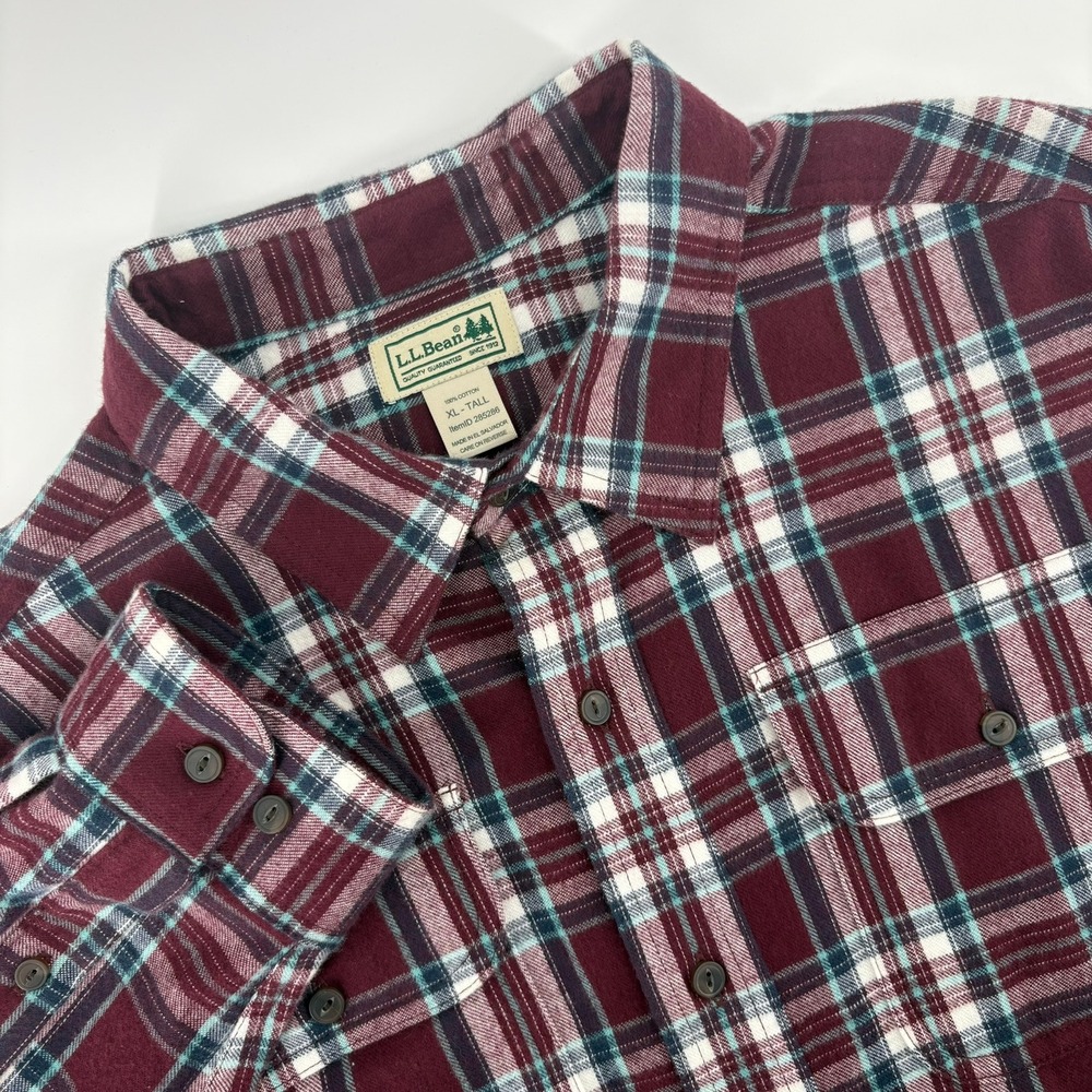 LL Bean Mens XL Tall Flannel Shirt Burgundy Plaid Long Sleeve Cotton 285286